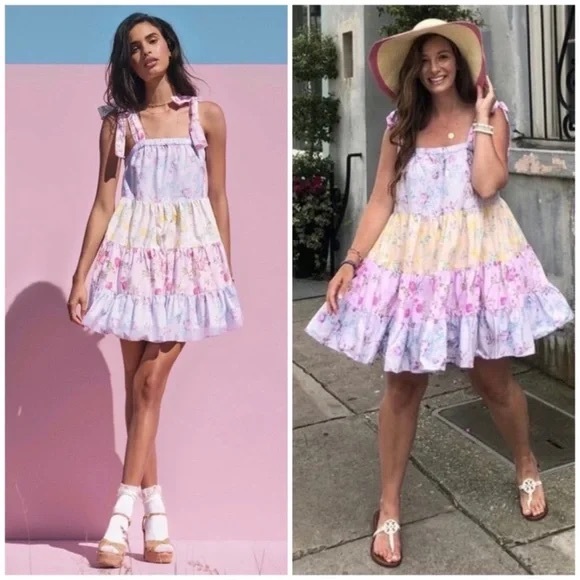 LoveShackFancy Dresses & Skirts - LoveShackFancy Pastel Floral Tiered Mini Dress in Lavender, Pink, Yellow